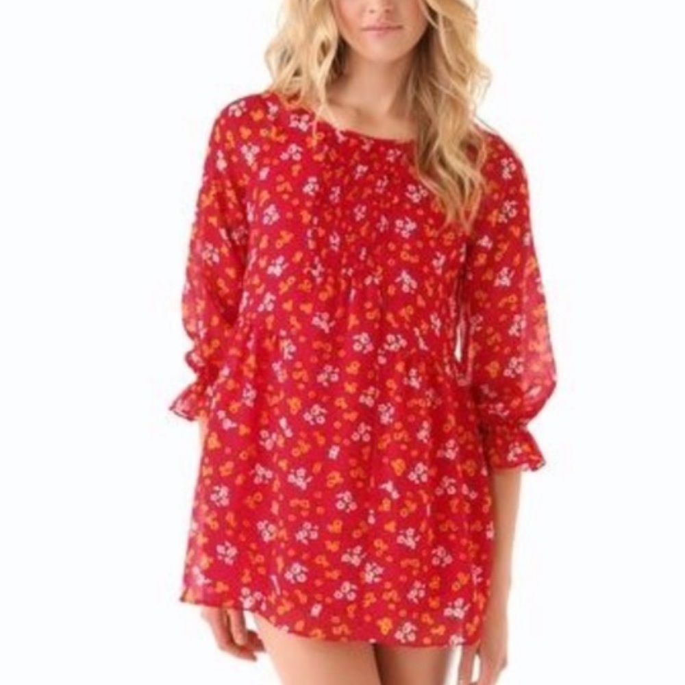 Free People Red Floral Peasant Dress